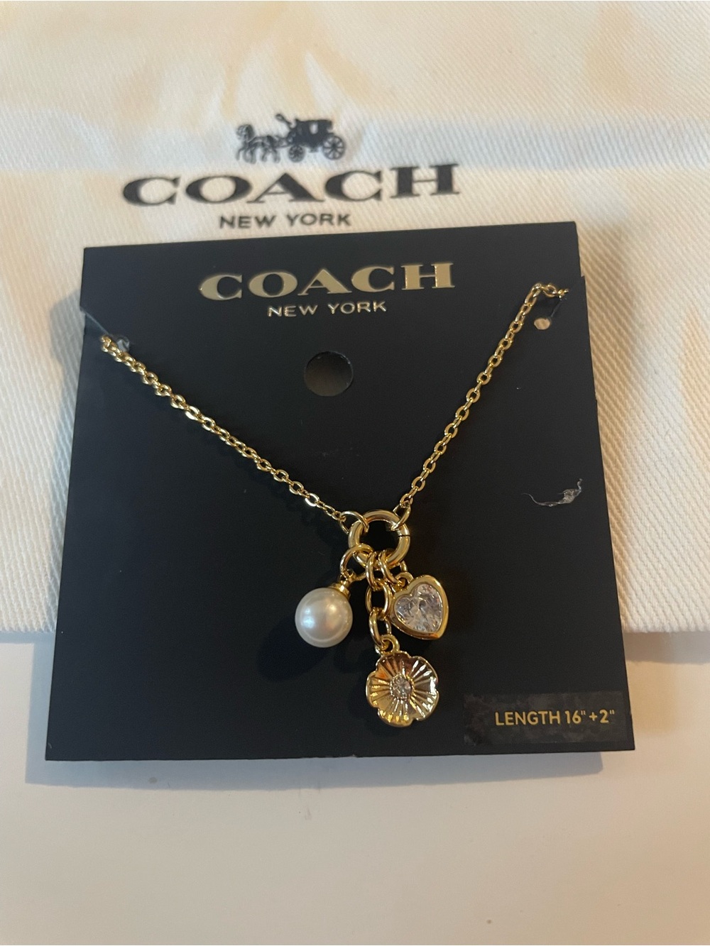 Coach Gold Charm Necklace with Pearl, Heart Crystal & Floral Pendant